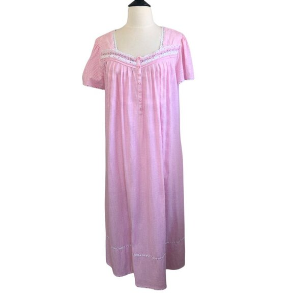 Aria Short Nightgown Pink Gingham Lace Large Cotton Blend Cottagecore - Picture 1 of 10